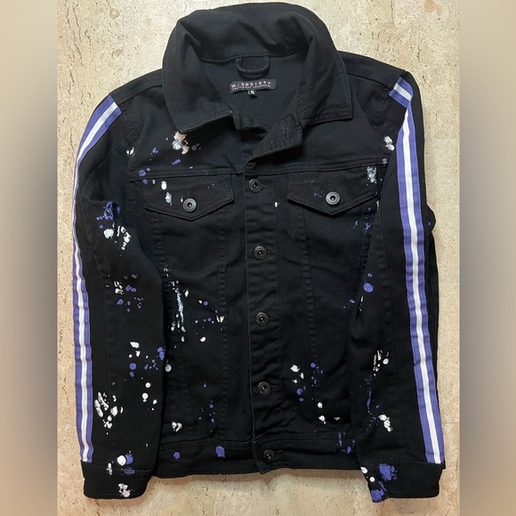 M. Society Politically Incorrect Paint Splatter Black Denim Jacket Size Small - Picture 1 of 5